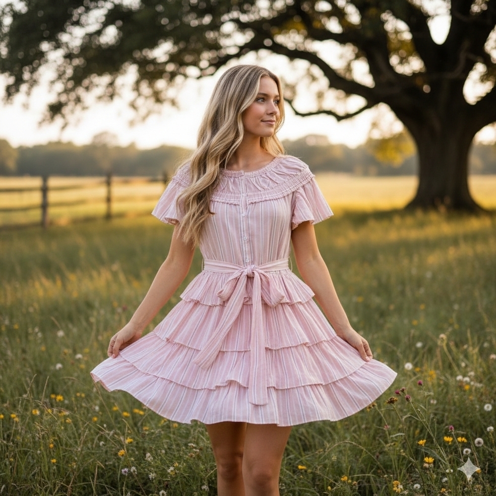 Sundays by We Are Sundays XS Pink Stripe Tiered Ruffle Mini Dress Belted